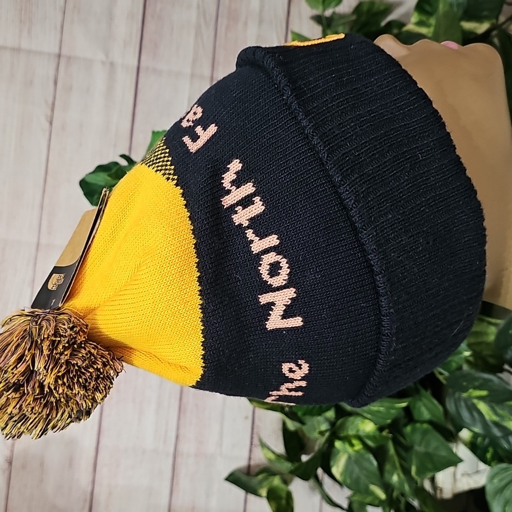 The North Face NWT Recycled Pom Pom Aviator Navy/Yellow Knit Beanie/ Unisex/OS - Picture 2 of 7